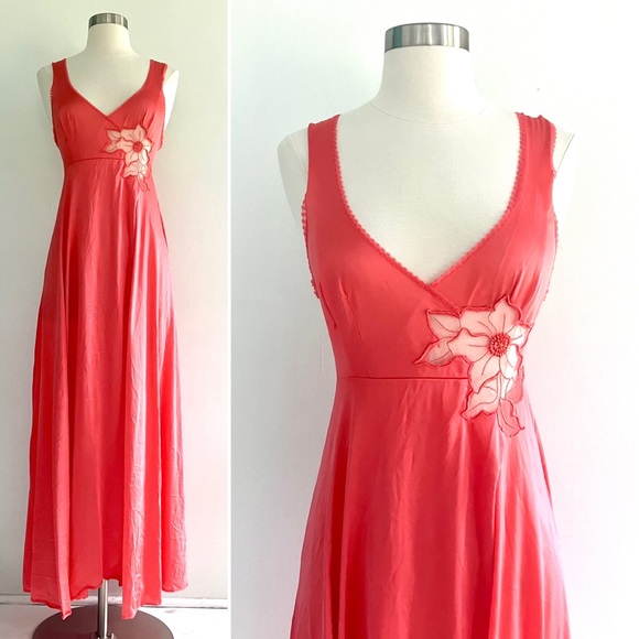 Vintage 70’s coral red orange lace flower slip gown dress & robe jacket set - Picture 2 of 16